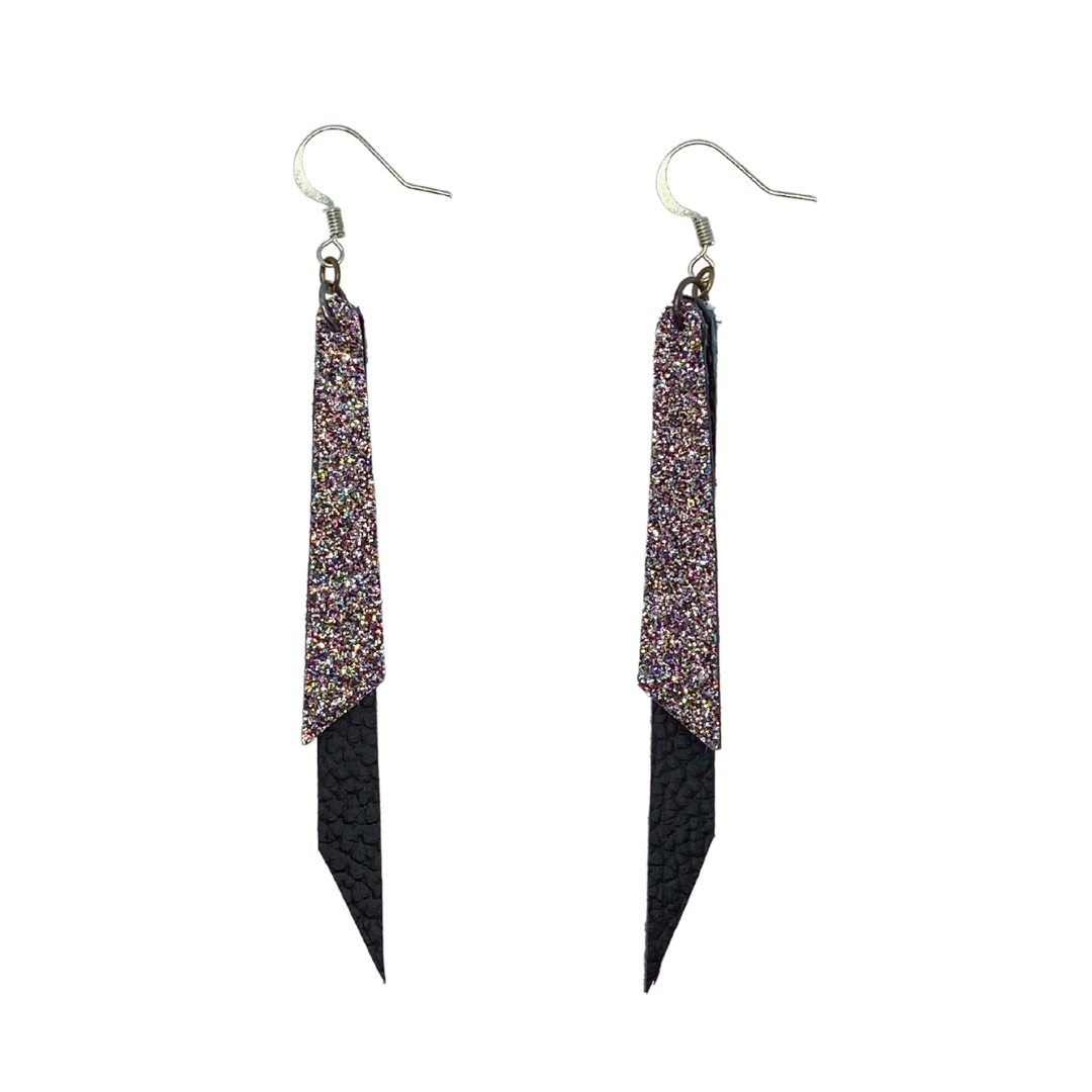 Pink Champagne Glitter and Black Dangle Earrings