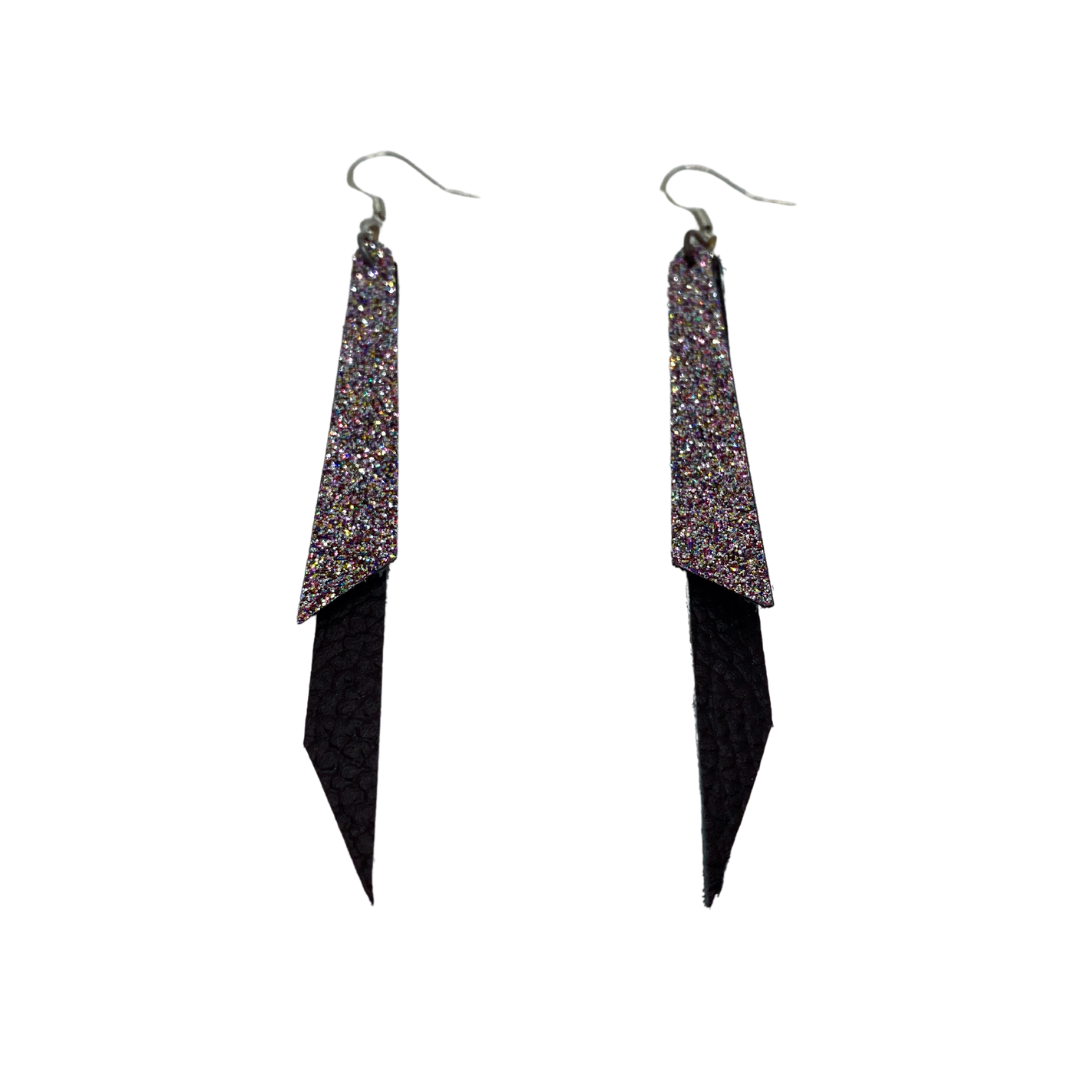 Pink Champagne Glitter and Black Dangle Earrings