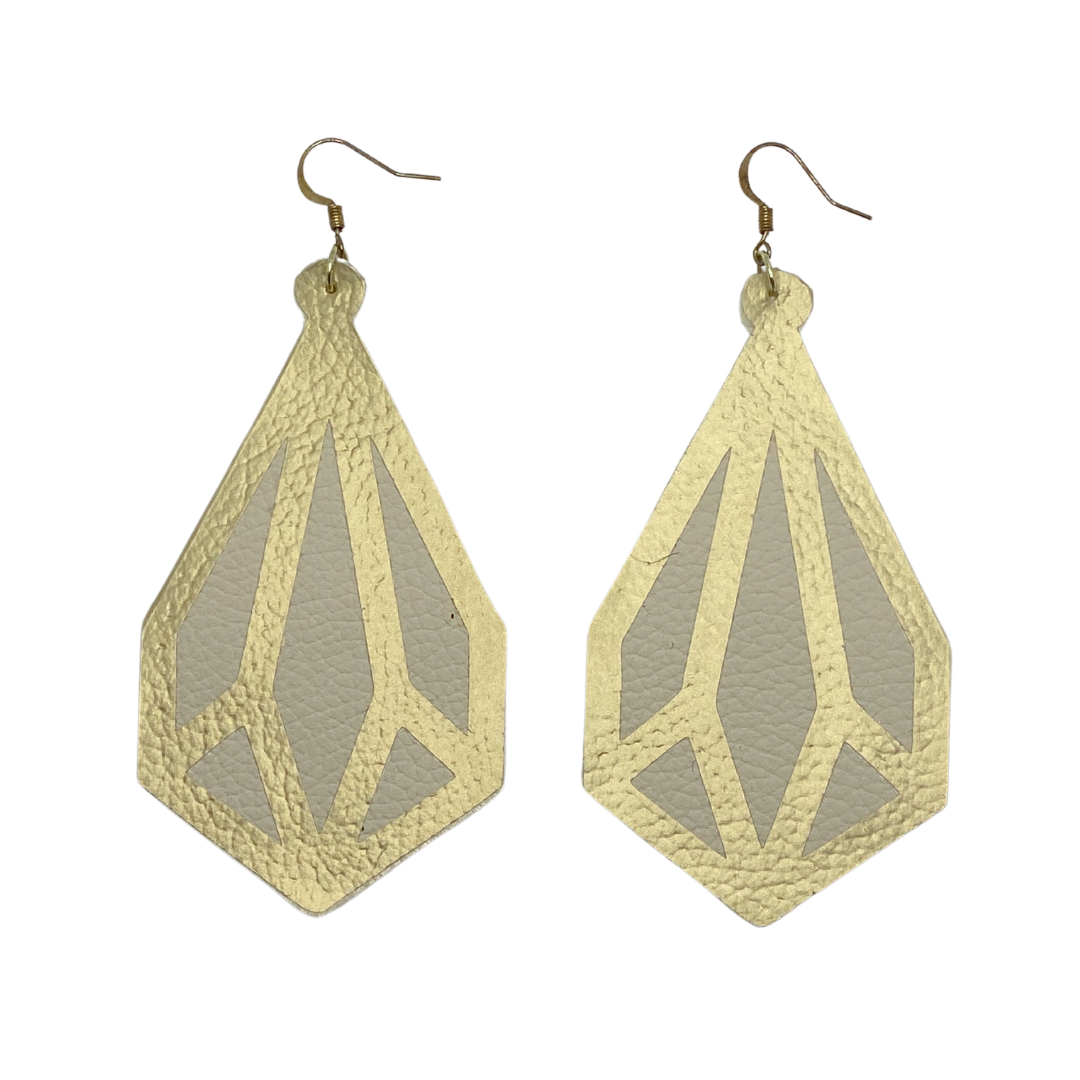 Geometric Gold and Khaki Leather Earrings