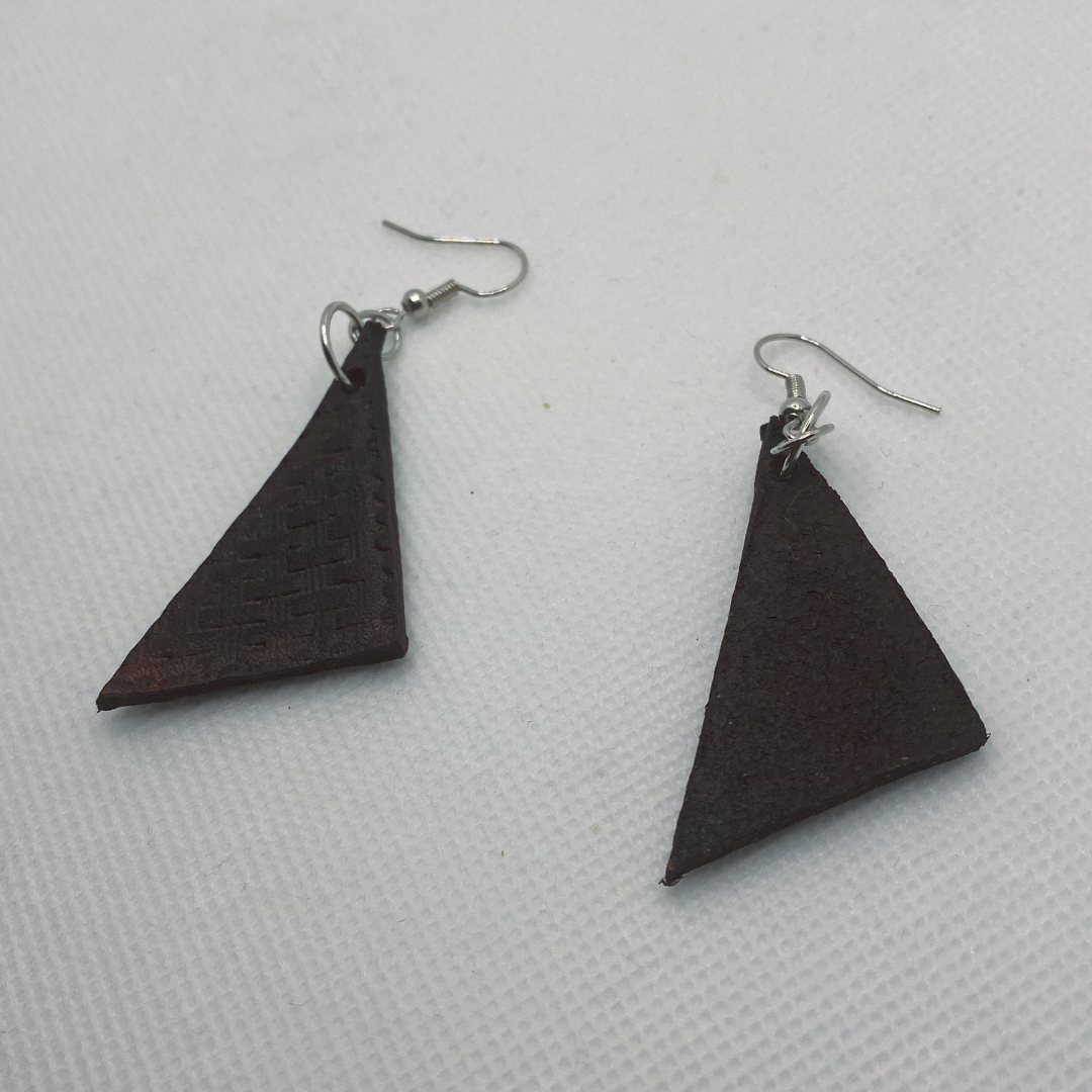 Dark Basket Weave Triangle Leather Earrings