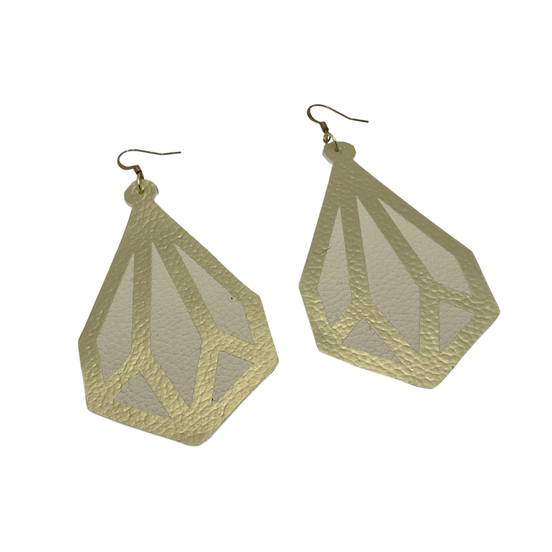 Geometric Gold and Khaki Leather Earrings