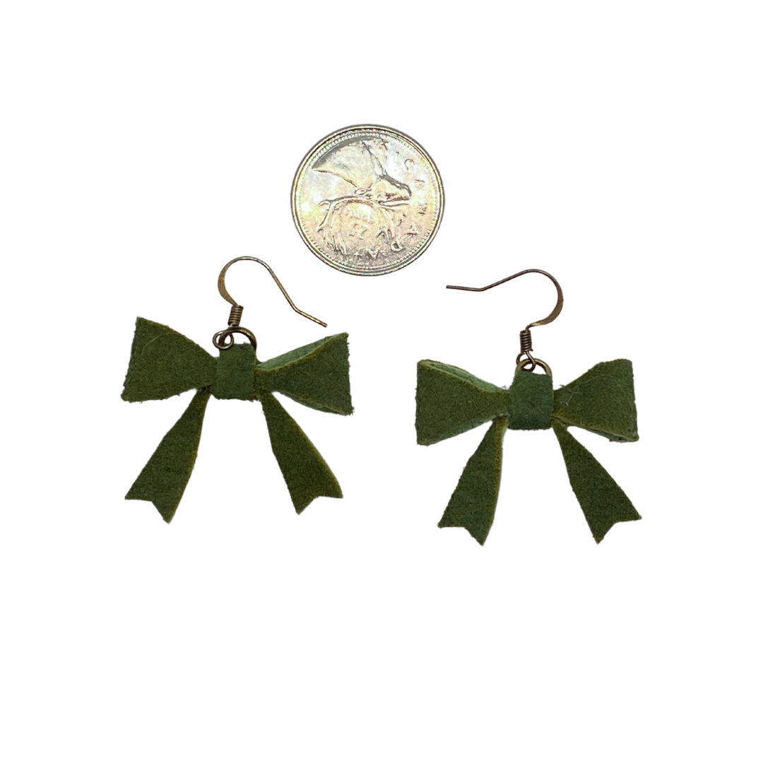 Olive Green Leather Bow Earrings