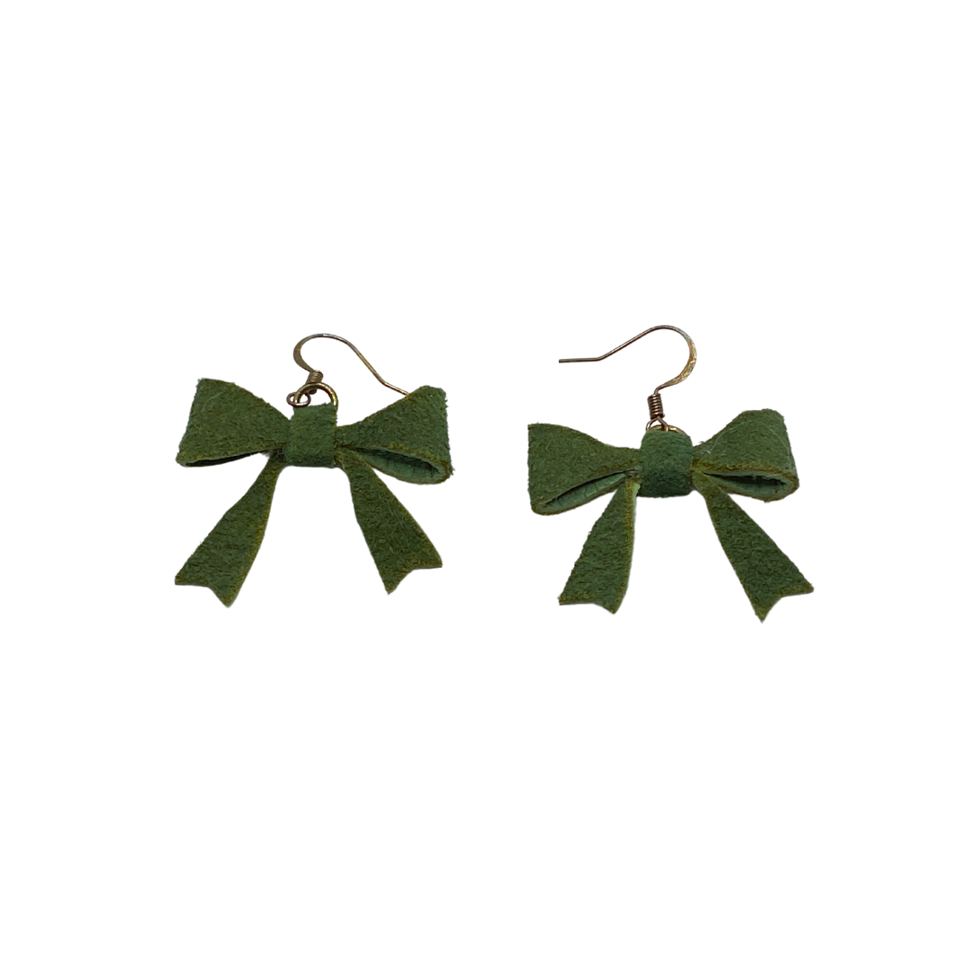 Olive Green Leather Bow Earrings