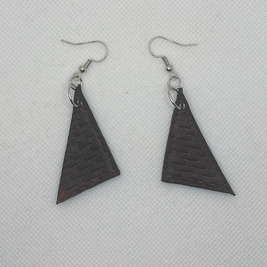 Dark Basket Weave Triangle Leather Earrings