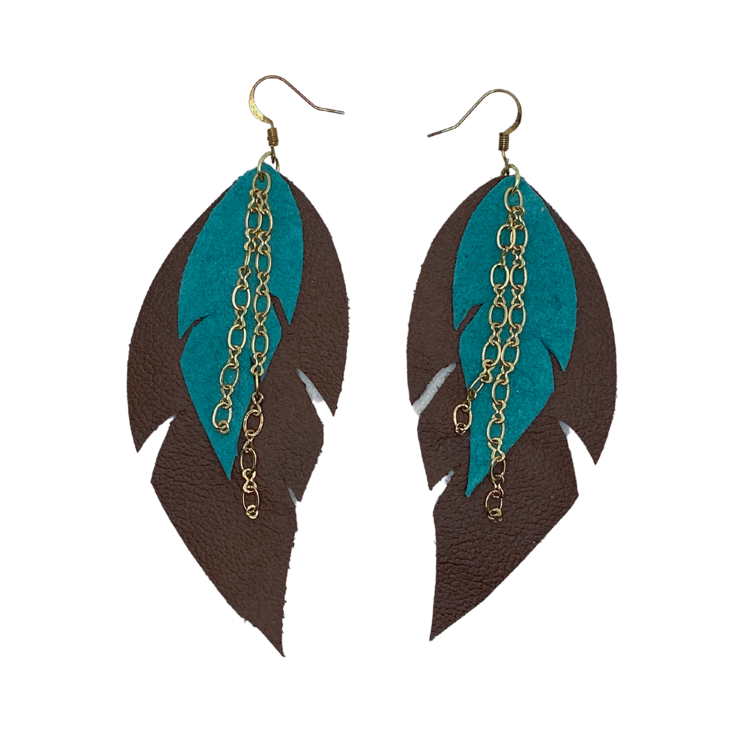 Teal and Brown Feather with Gold Chain Earrings