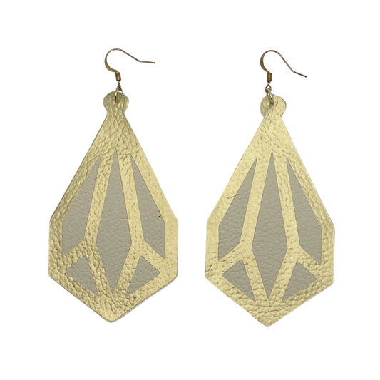 Geometric Gold and Khaki Leather Earrings