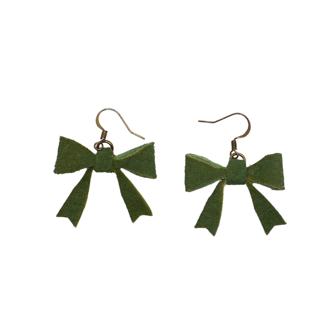 Olive Green Leather Bow Earrings