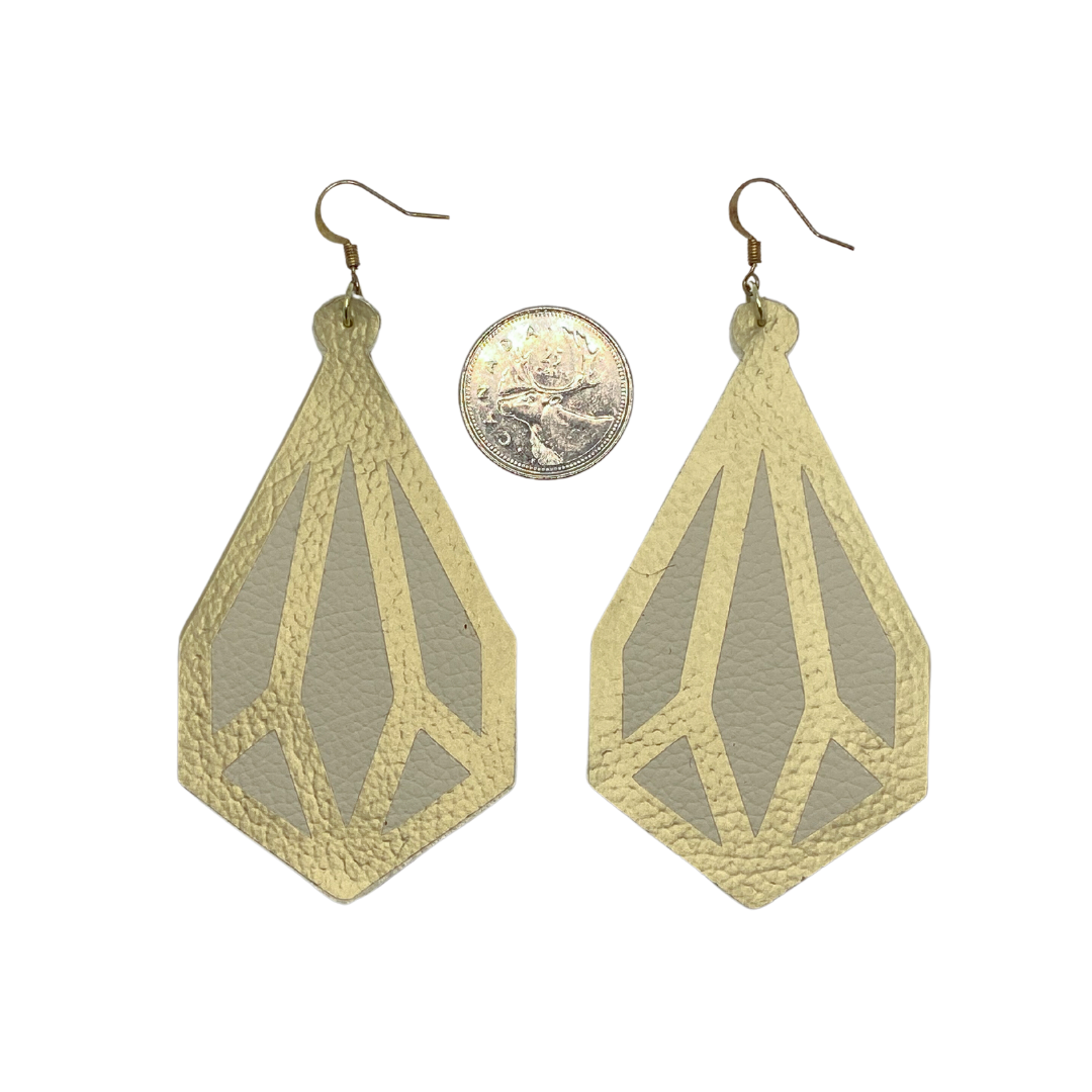 Geometric Gold and Khaki Leather Earrings