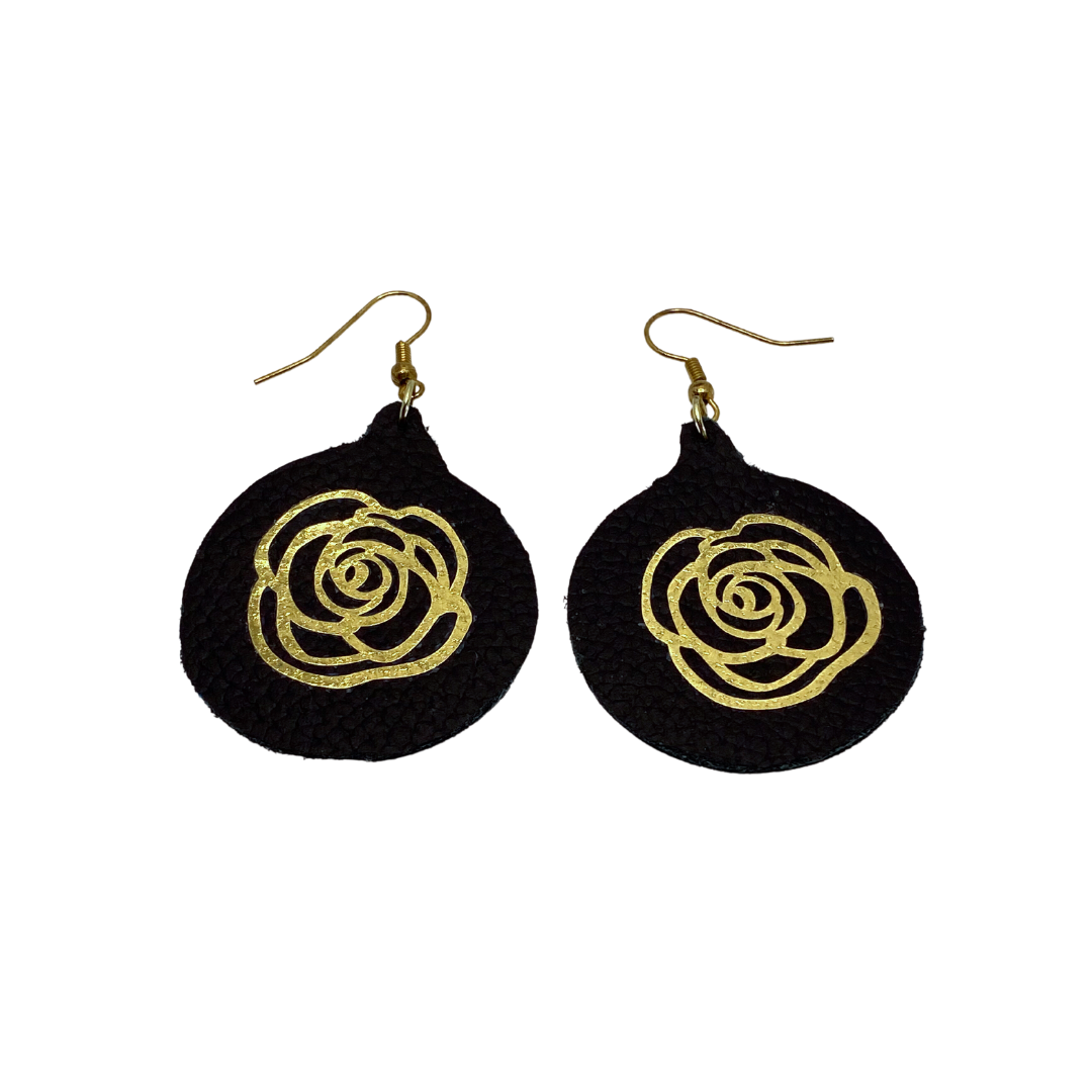 Gold Roses on Black Leather Earrings