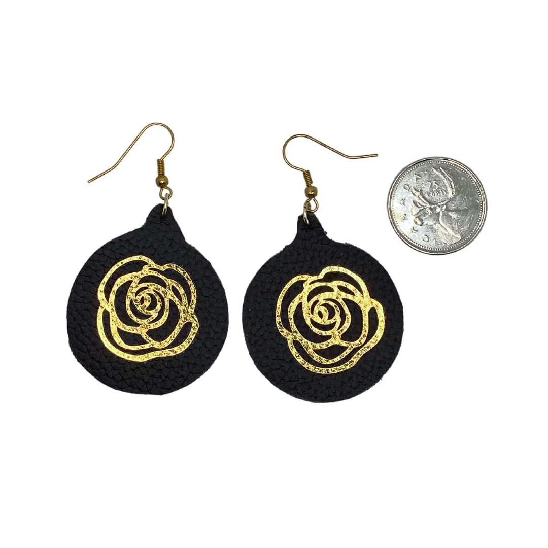 Gold Roses on Black Leather Earrings